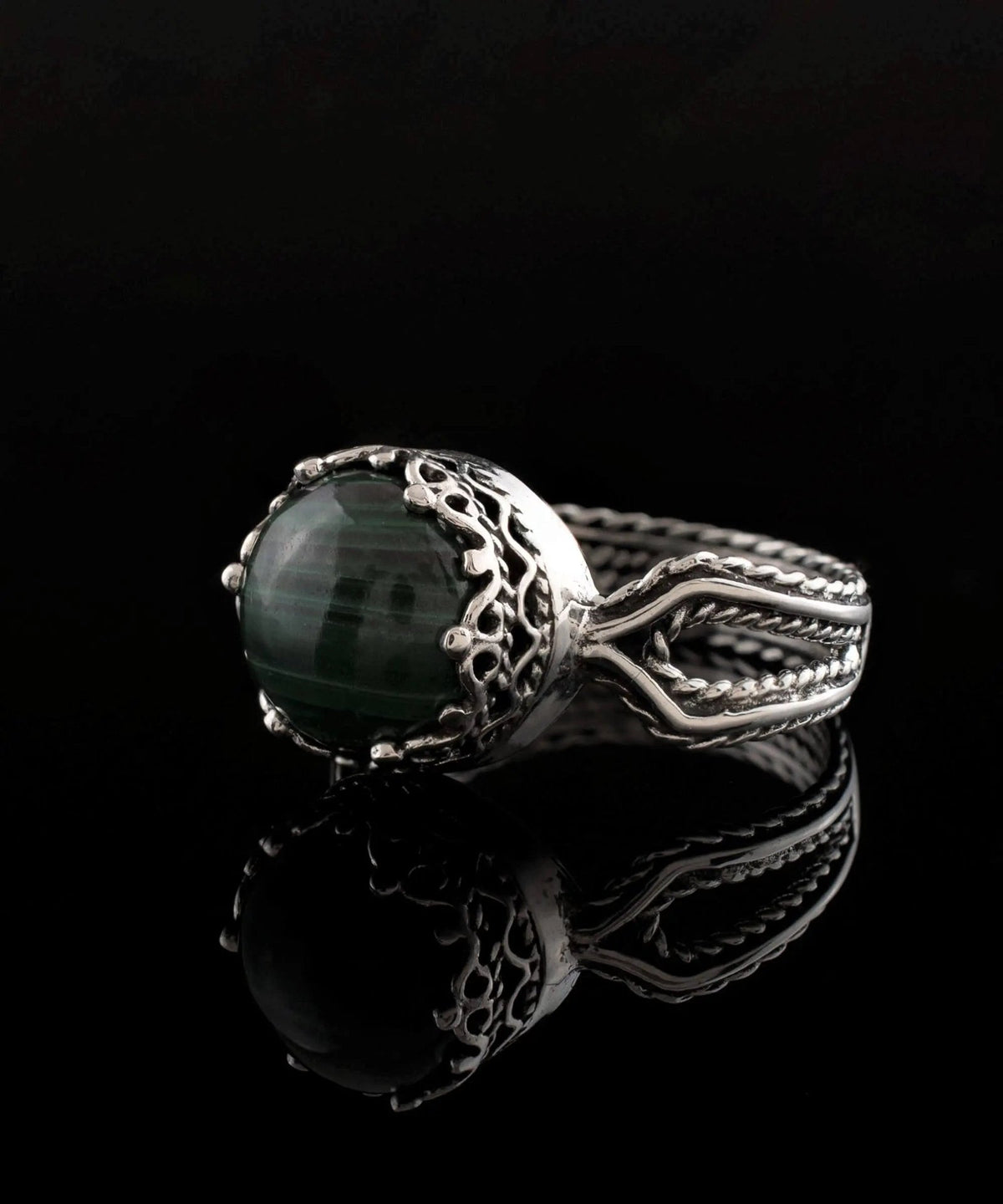 Malachite Gemstone Filigree Art Women Sterling Silver Cocktail Ring - Drakoi Marketplace