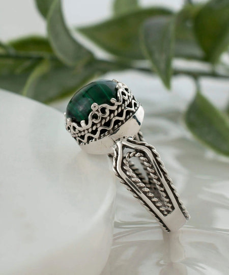 Malachite Gemstone Filigree Art Women Sterling Silver Cocktail Ring - Drakoi Marketplace