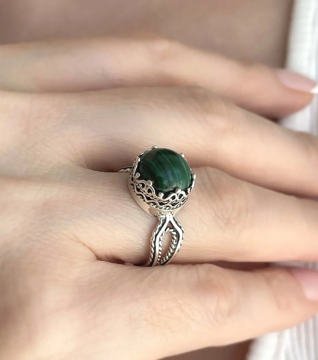 Malachite Gemstone Filigree Art Women Sterling Silver Cocktail Ring - Drakoi Marketplace