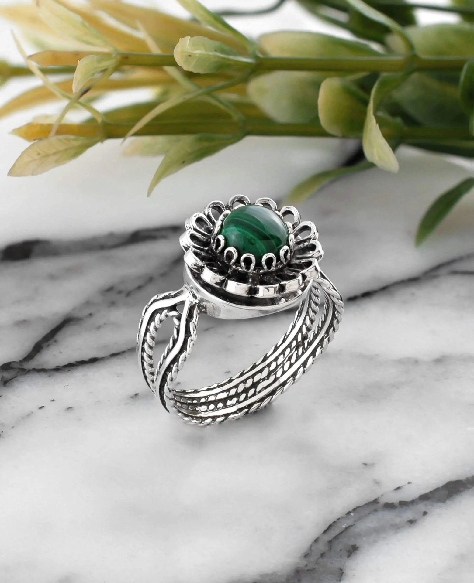 Malachite Gemstone Sterling Silver Women Cocktail Ring - Drakoi Marketplace