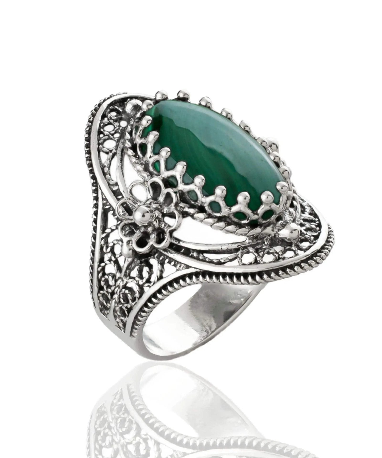 Malachite Gemstone Sterling Silver Women Statement Ring with Daisy Figures - Drakoi Marketplace