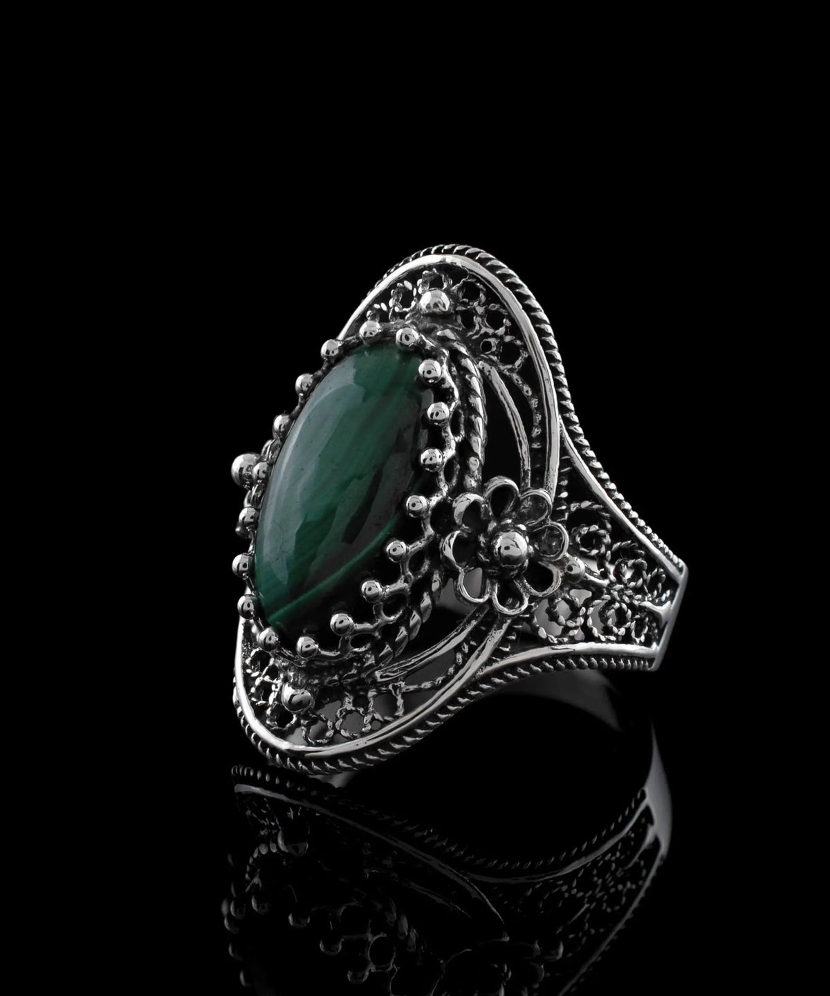 Malachite Gemstone Sterling Silver Women Statement Ring with Daisy Figures - Drakoi Marketplace