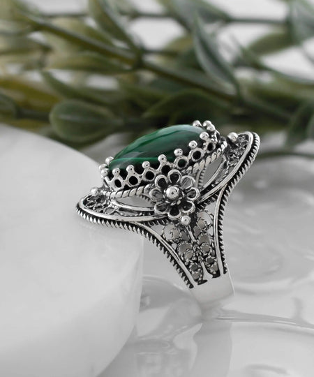 Malachite Gemstone Sterling Silver Women Statement Ring with Daisy Figures - Drakoi Marketplace