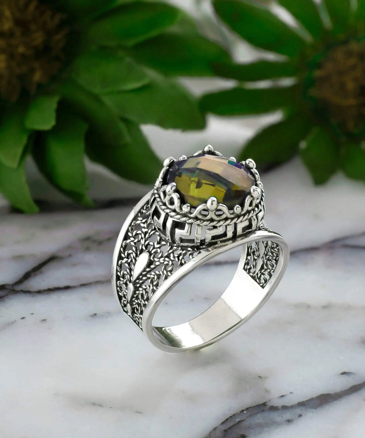 Meander Pattern Filigree Art Alexandrite Gemstone Women Silver Cocktail Ring - Drakoi Marketplace