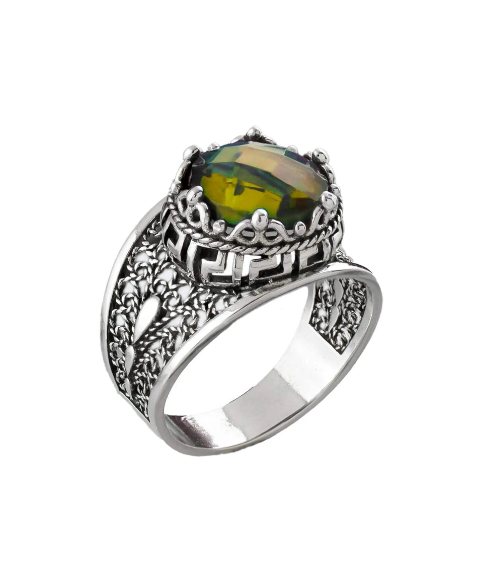 Meander Pattern Filigree Art Alexandrite Gemstone Women Silver Cocktail Ring - Drakoi Marketplace