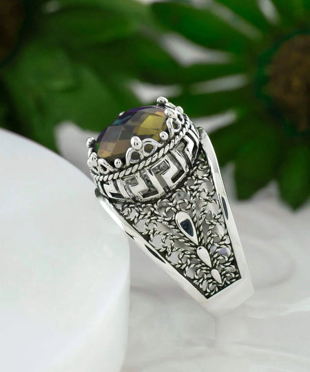 Meander Pattern Filigree Art Alexandrite Gemstone Women Silver Cocktail Ring - Drakoi Marketplace