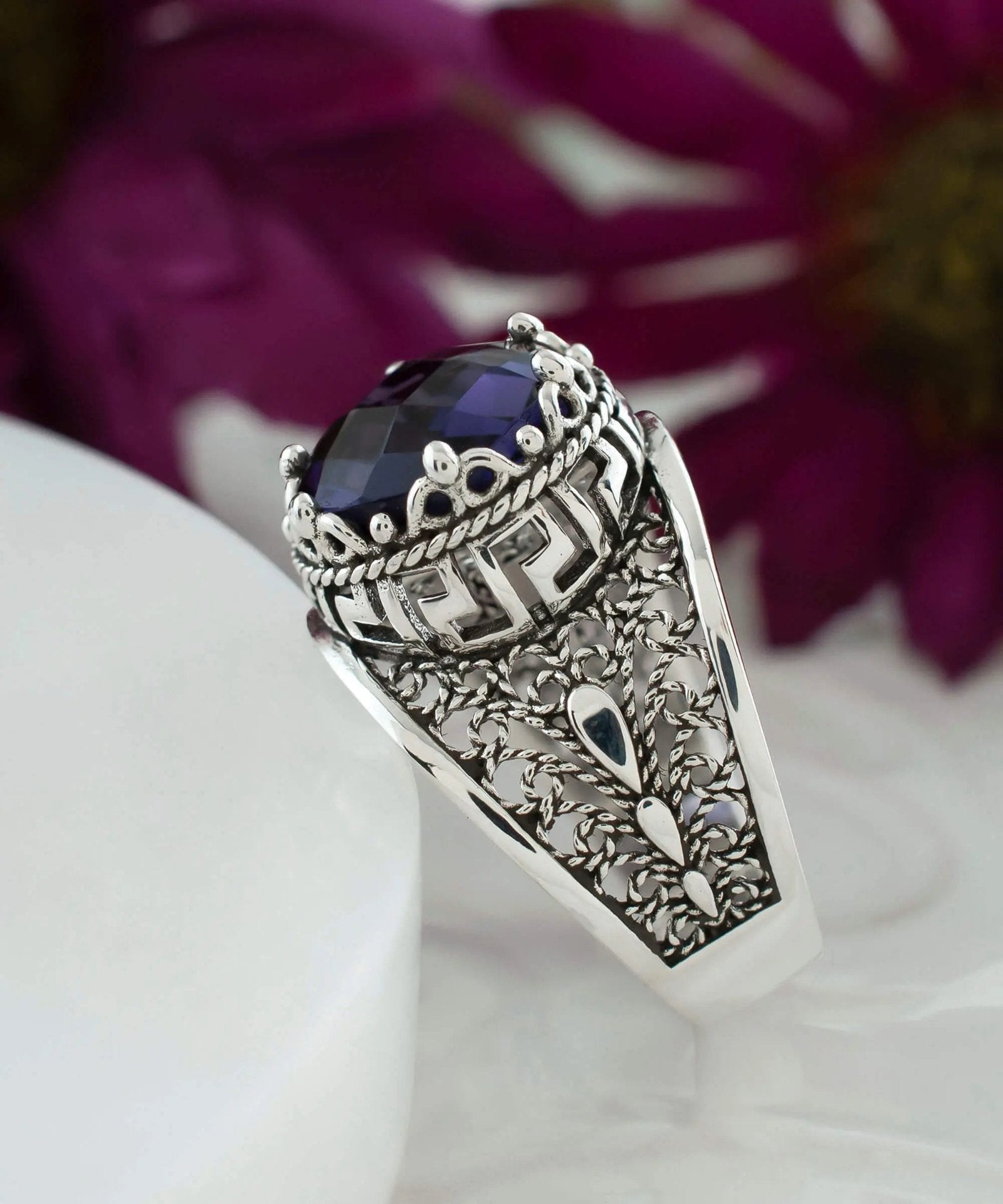 Meander Pattern Filigree Art Amethyst Gemstone Women Silver Cocktail Ring - Drakoi Marketplace