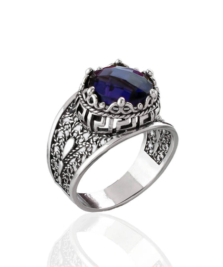 Meander Pattern Filigree Art Amethyst Gemstone Women Silver Cocktail Ring - Drakoi Marketplace