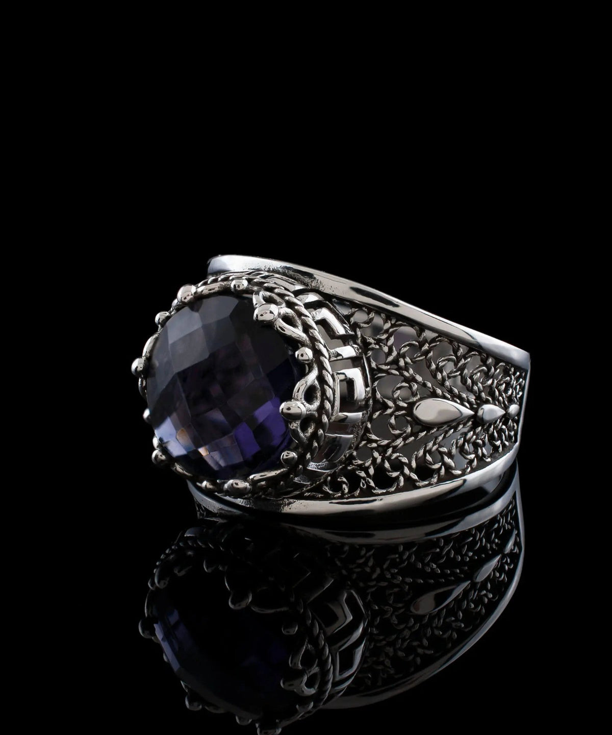 Meander Pattern Filigree Art Amethyst Gemstone Women Silver Cocktail Ring - Drakoi Marketplace