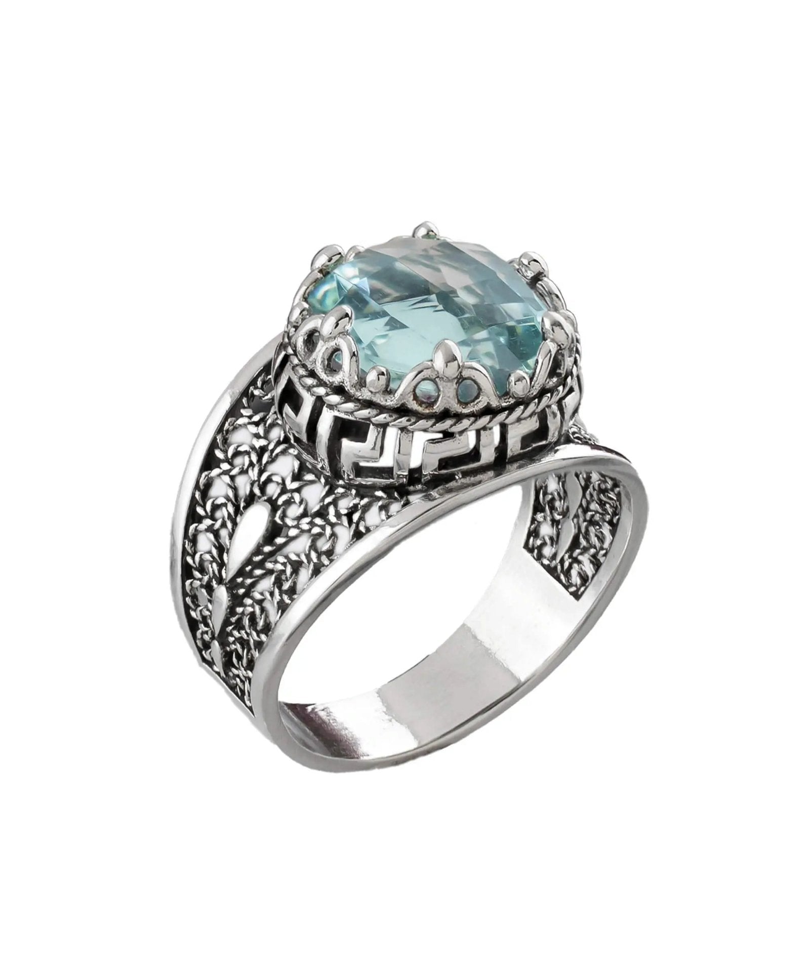 Meander Pattern Filigree Art Aquamarine Gemstone Women Silver Cocktail Ring - Drakoi Marketplace