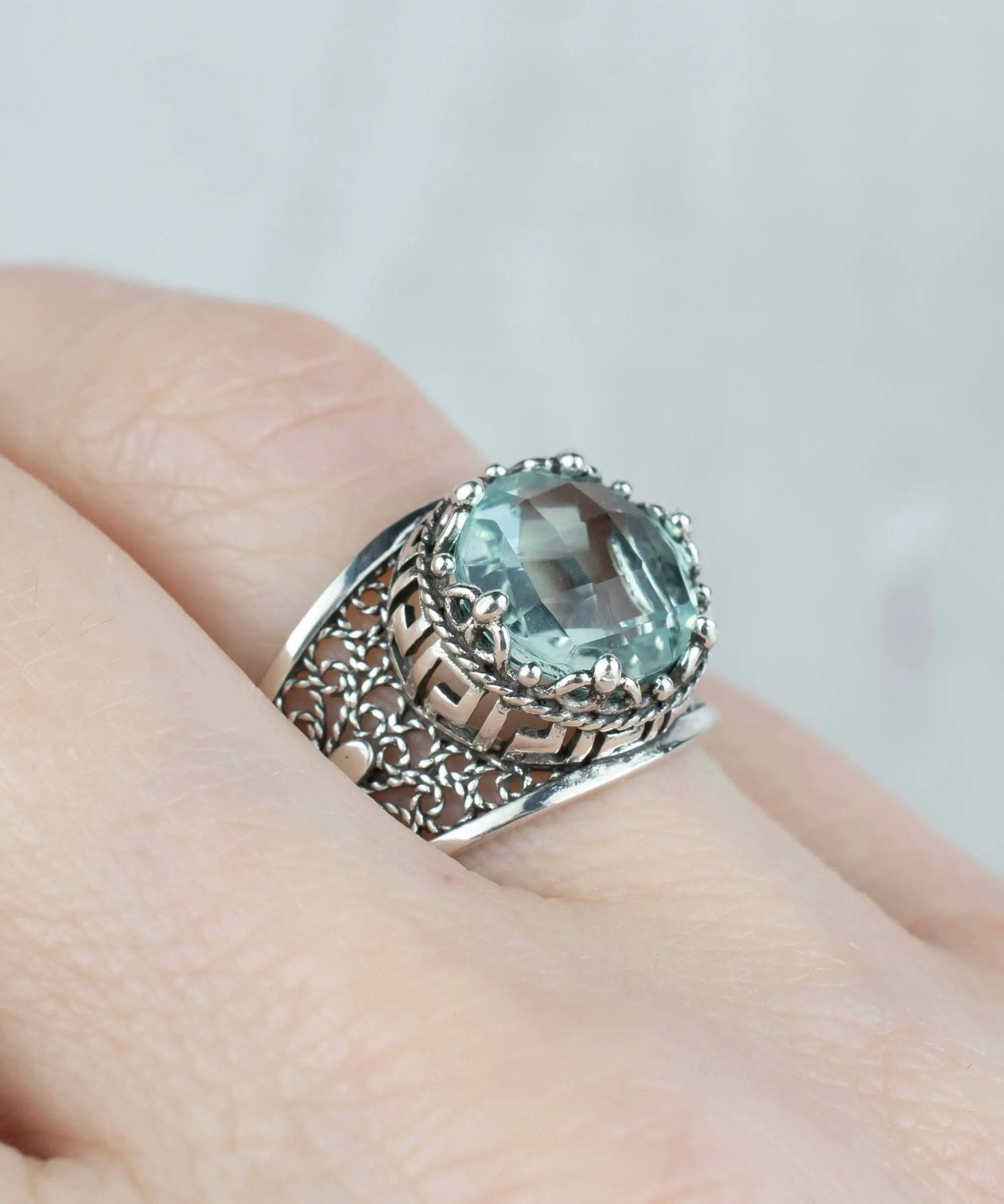 Meander Pattern Filigree Art Aquamarine Gemstone Women Silver Cocktail Ring - Drakoi Marketplace