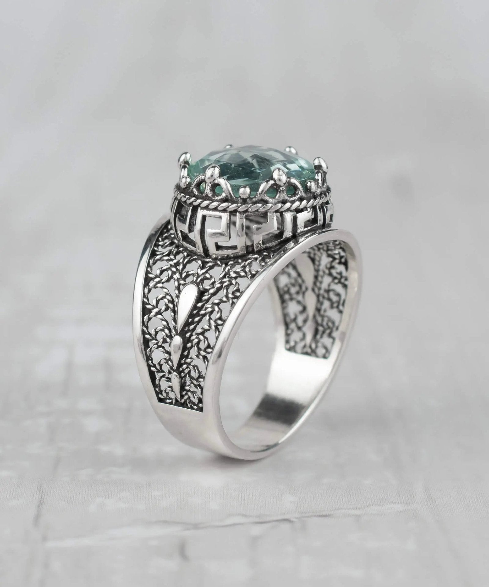 Meander Pattern Filigree Art Aquamarine Gemstone Women Silver Cocktail Ring - Drakoi Marketplace