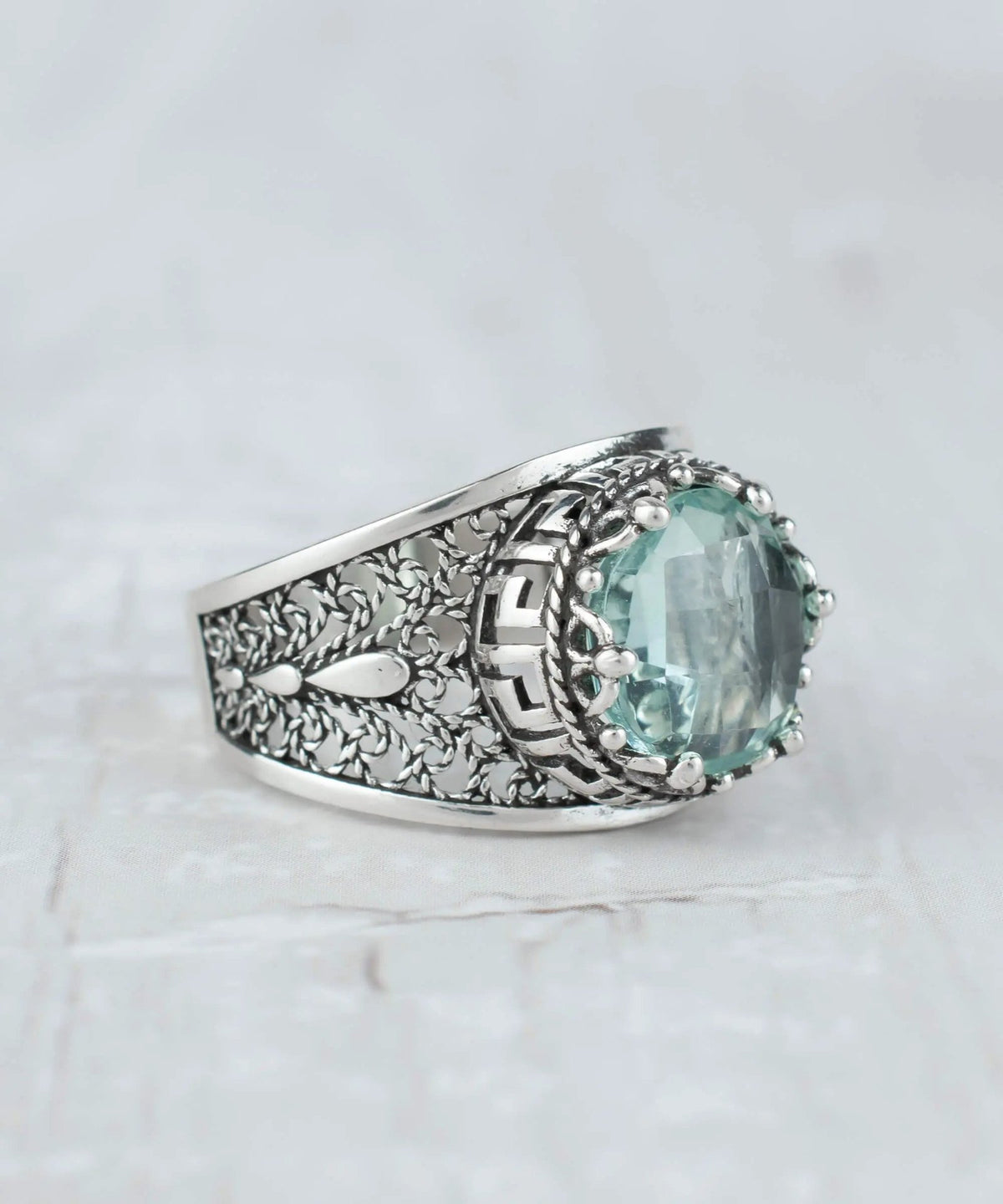 Meander Pattern Filigree Art Aquamarine Gemstone Women Silver Cocktail Ring - Drakoi Marketplace