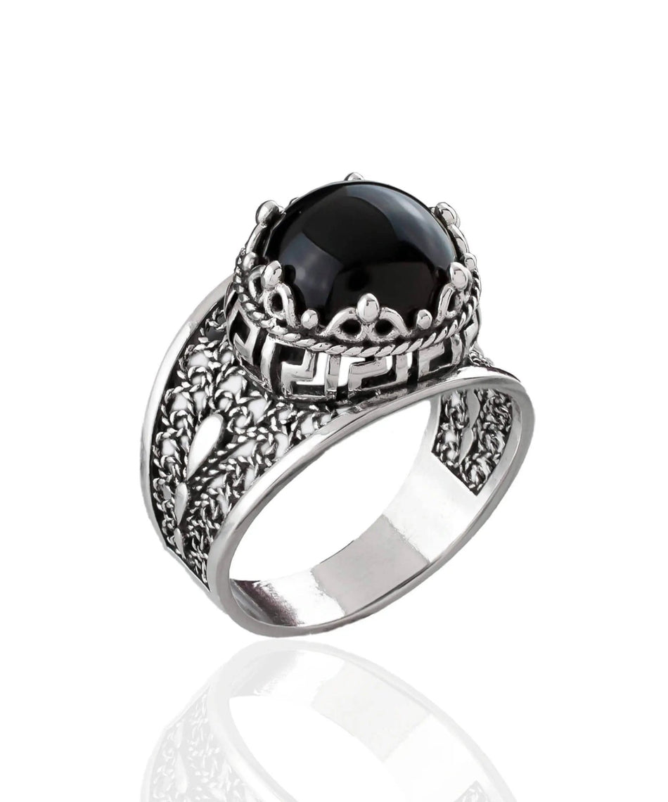 Meander Pattern Filigree Art Black Onyx Gemstone Women Silver Cocktail Ring - Drakoi Marketplace