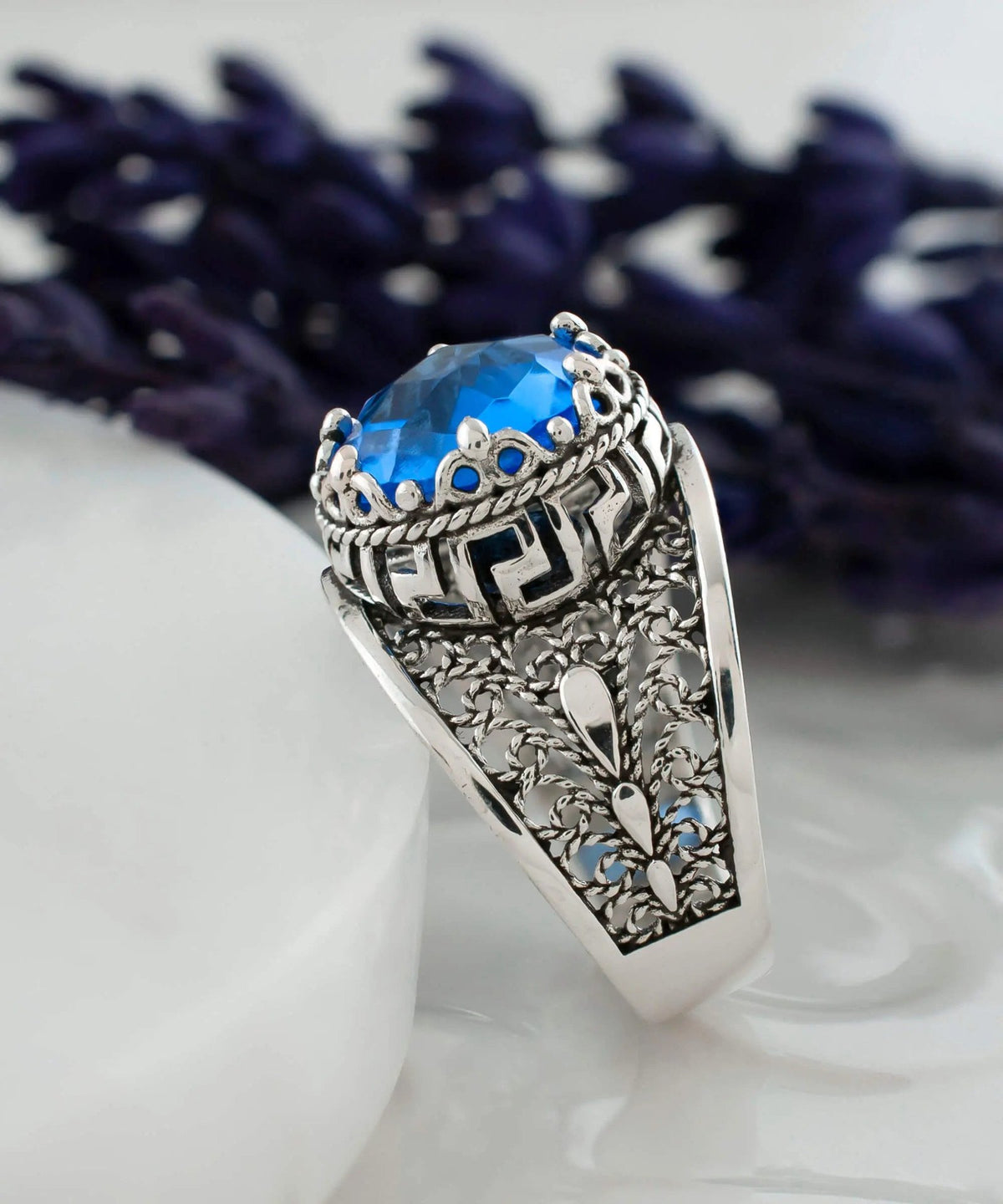 Meander Pattern Filigree Art Blue Quartz Gemstone Women Silver Cocktail Ring - Drakoi Marketplace