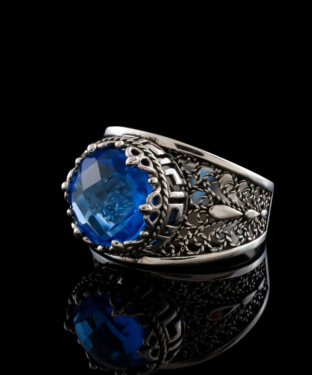 Meander Pattern Filigree Art Blue Quartz Gemstone Women Silver Cocktail Ring - Drakoi Marketplace