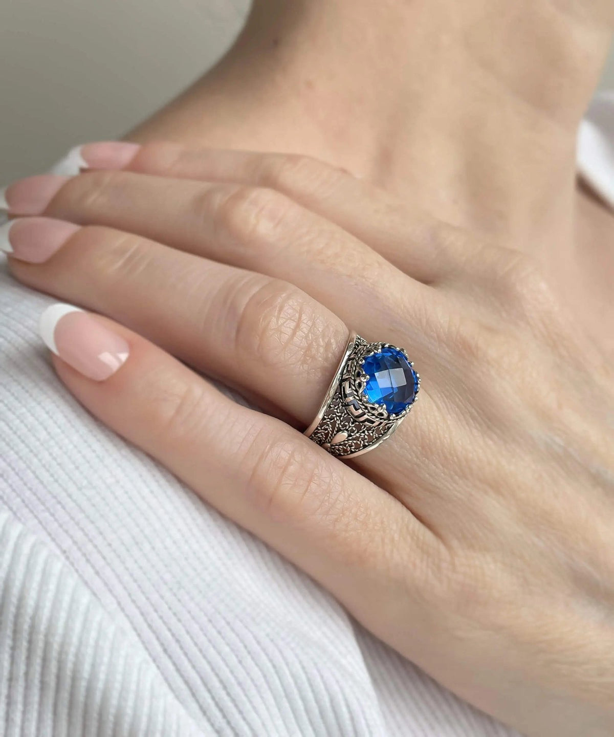 Meander Pattern Filigree Art Blue Quartz Gemstone Women Silver Cocktail Ring - Drakoi Marketplace