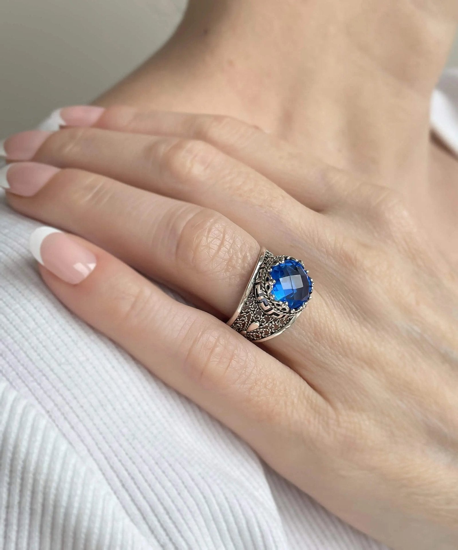 Meander Pattern Filigree Art Blue Quartz Gemstone Women Silver Cocktail Ring - Drakoi Marketplace