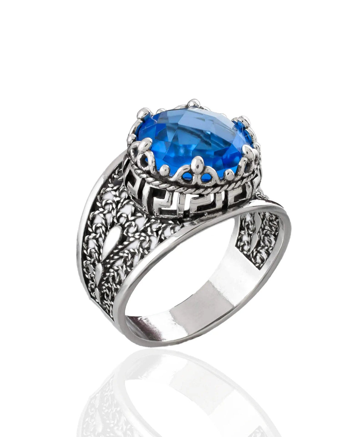 Meander Pattern Filigree Art Blue Quartz Gemstone Women Silver Cocktail Ring - Drakoi Marketplace