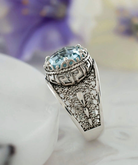 Meander Pattern Filigree Art Blue Topaz Gemstone Women Silver Cocktail Ring - Drakoi Marketplace