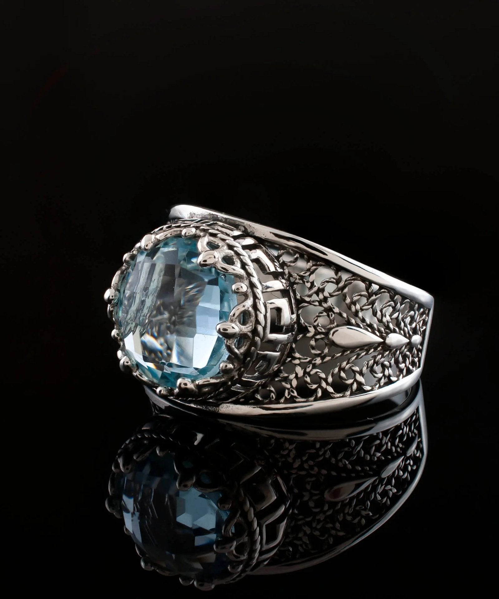 Meander Pattern Filigree Art Blue Topaz Gemstone Women Silver Cocktail Ring - Drakoi Marketplace