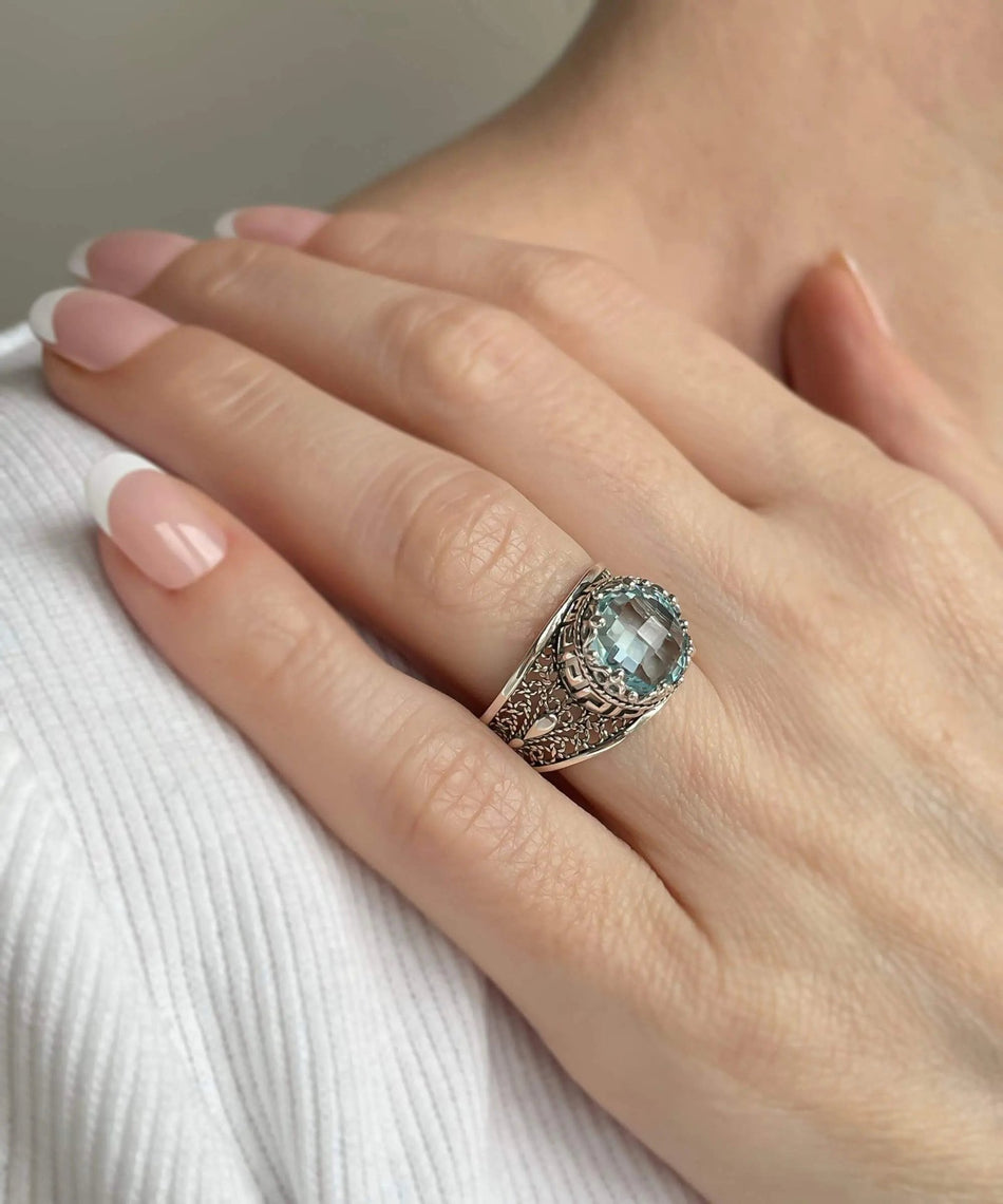 Meander Pattern Filigree Art Blue Topaz Gemstone Women Silver Cocktail Ring - Drakoi Marketplace