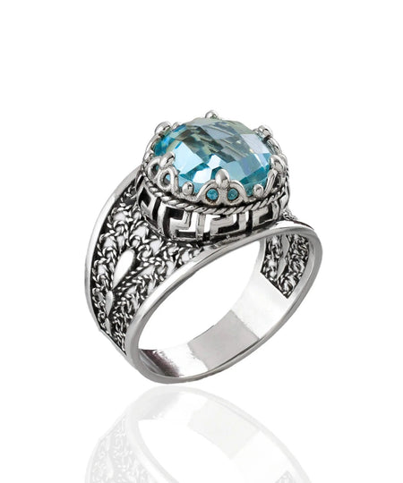 Meander Pattern Filigree Art Blue Topaz Gemstone Women Silver Cocktail Ring - Drakoi Marketplace