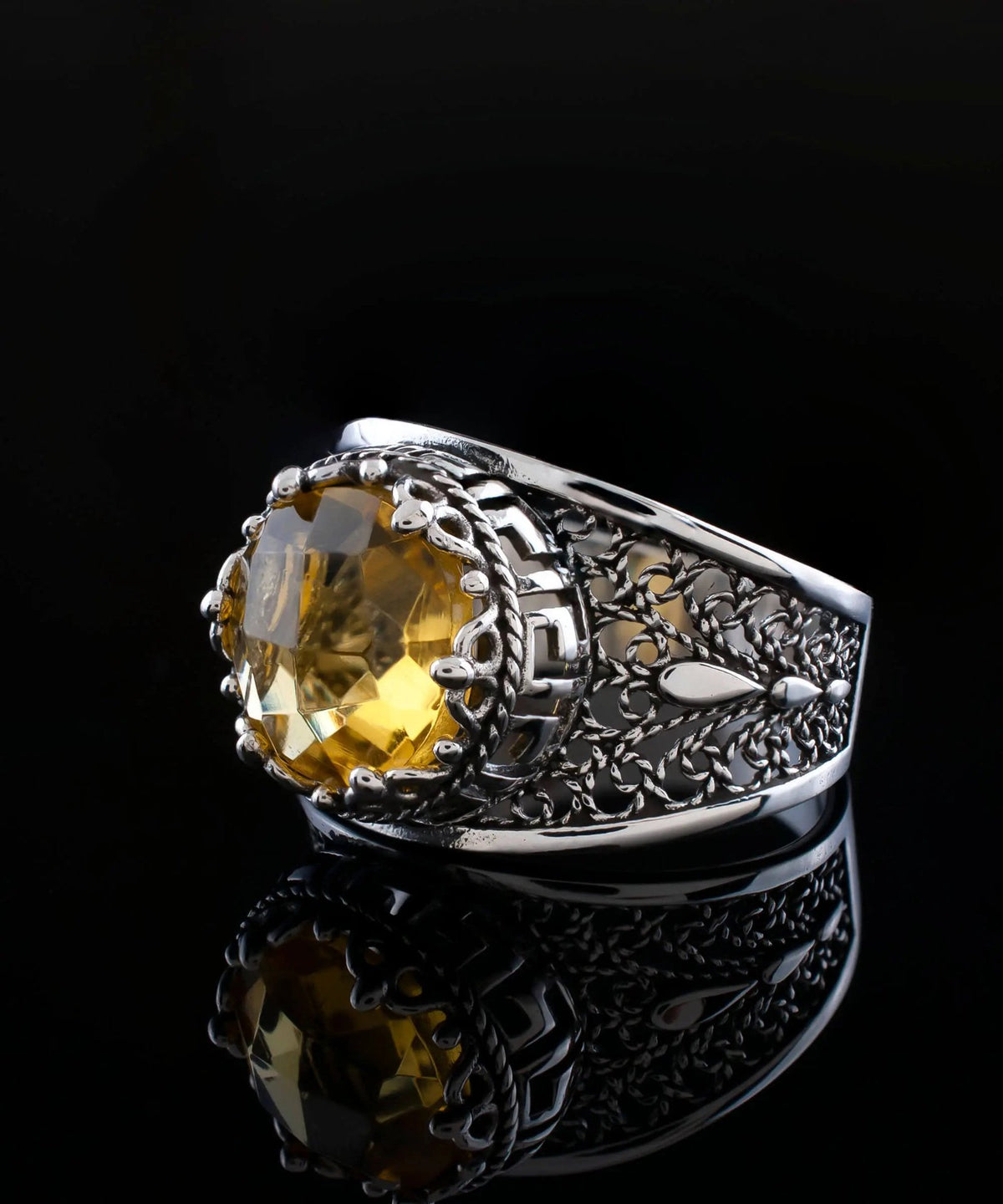 Meander Pattern Filigree Art Citrine Gemstone Women Silver Cocktail Ring - Drakoi Marketplace