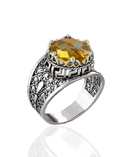 Meander Pattern Filigree Art Citrine Gemstone Women Silver Cocktail Ring - Drakoi Marketplace