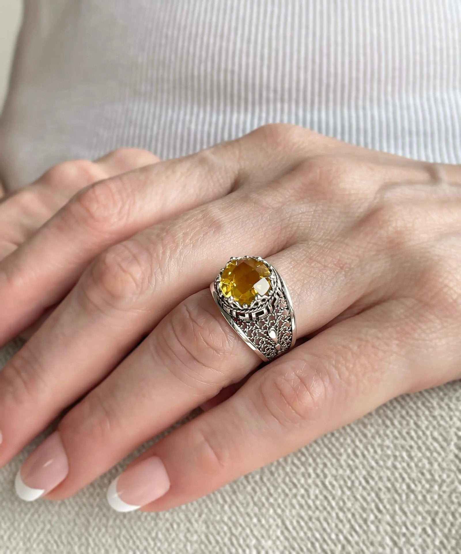 Meander Pattern Filigree Art Citrine Gemstone Women Silver Cocktail Ring - Drakoi Marketplace