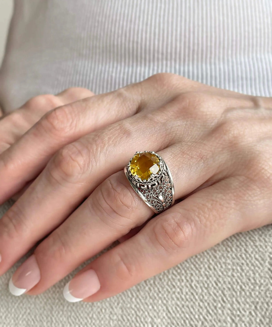 Meander Pattern Filigree Art Citrine Gemstone Women Silver Cocktail Ring - Drakoi Marketplace