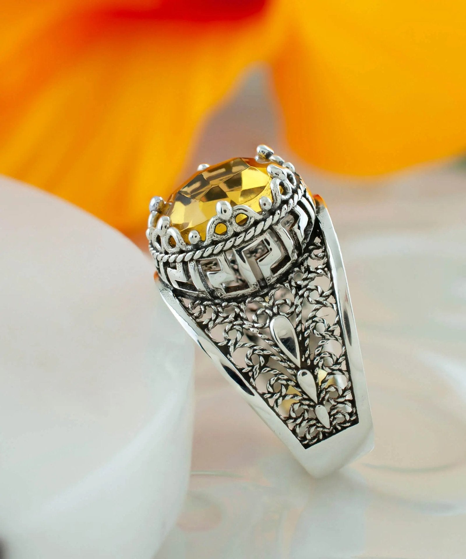 Meander Pattern Filigree Art Citrine Gemstone Women Silver Cocktail Ring - Drakoi Marketplace