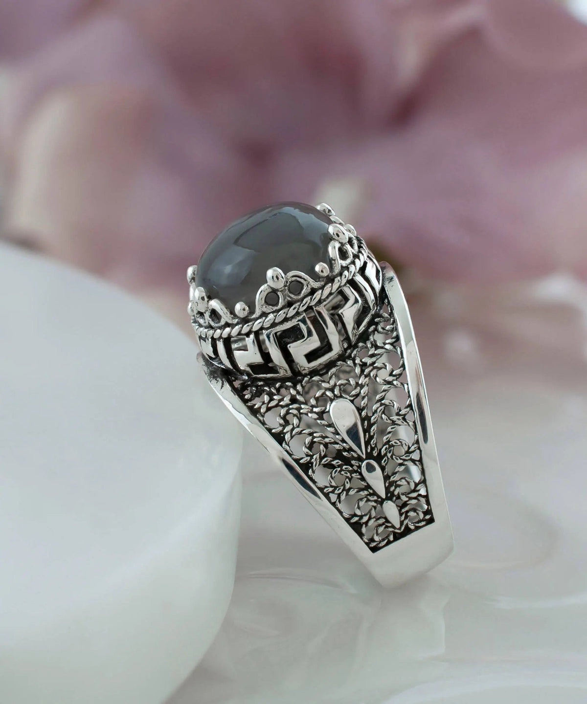 Meander Pattern Filigree Art Gray Moonstone Gemstone Women Silver Cocktail Ring - Drakoi Marketplace