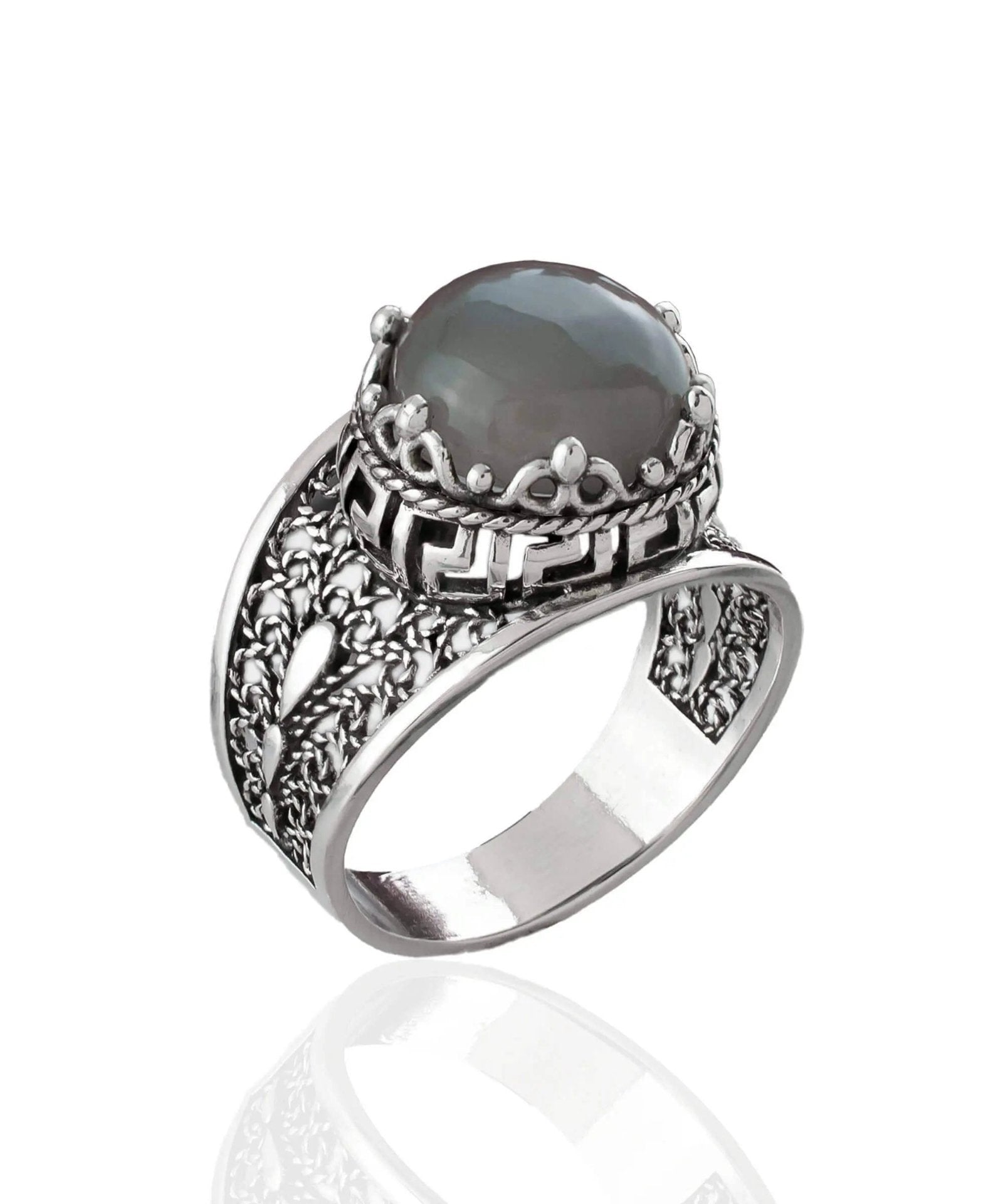 Meander Pattern Filigree Art Gray Moonstone Gemstone Women Silver Cocktail Ring - Drakoi Marketplace