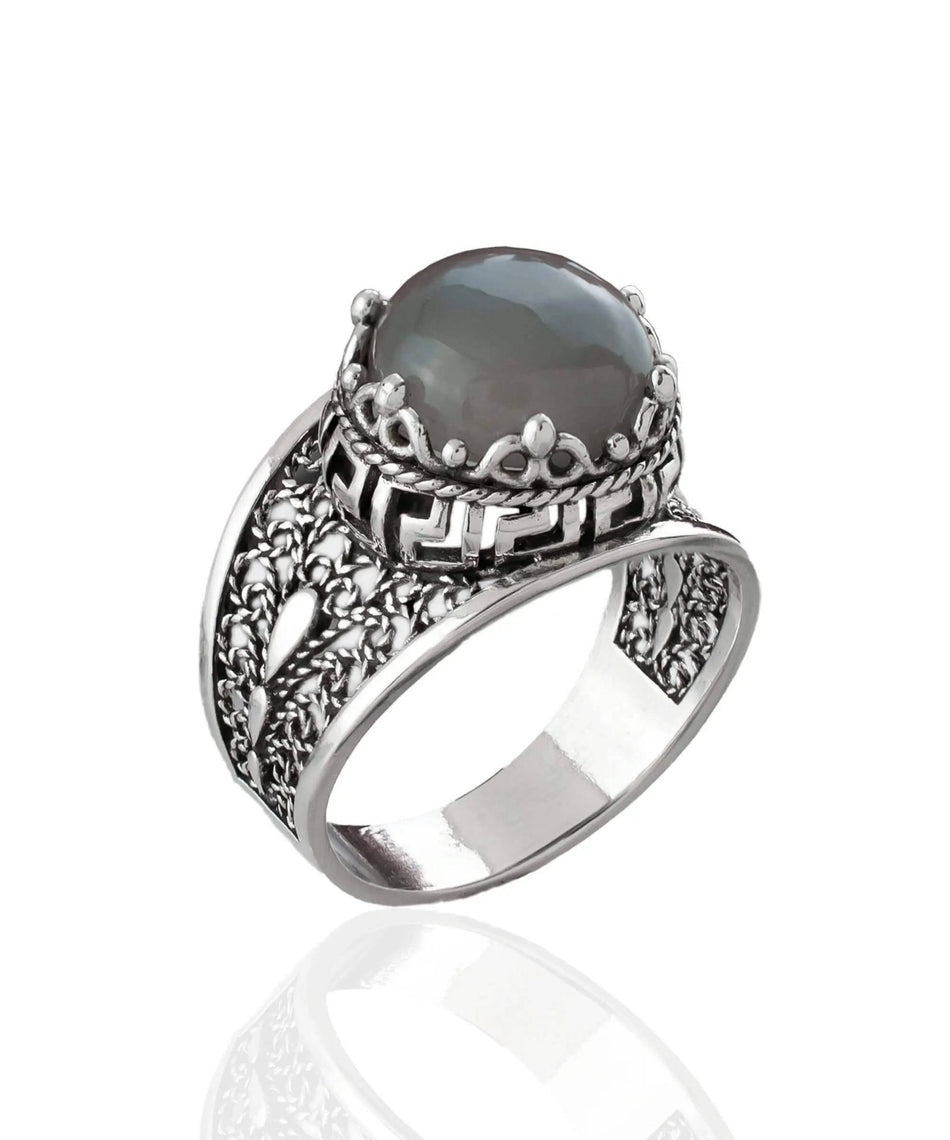 Meander Pattern Filigree Art Gray Moonstone Gemstone Women Silver Cocktail Ring - Drakoi Marketplace