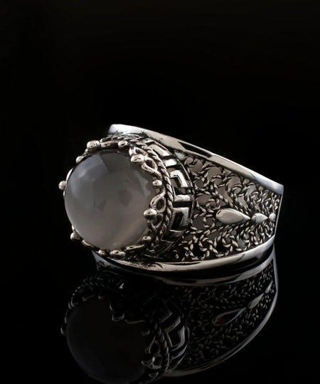 Meander Pattern Filigree Art Gray Moonstone Gemstone Women Silver Cocktail Ring - Drakoi Marketplace