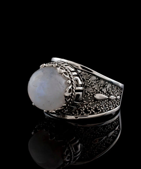 Meander Pattern Filigree Art Moonstone Gemstone Women Silver Cocktail Ring - Drakoi Marketplace