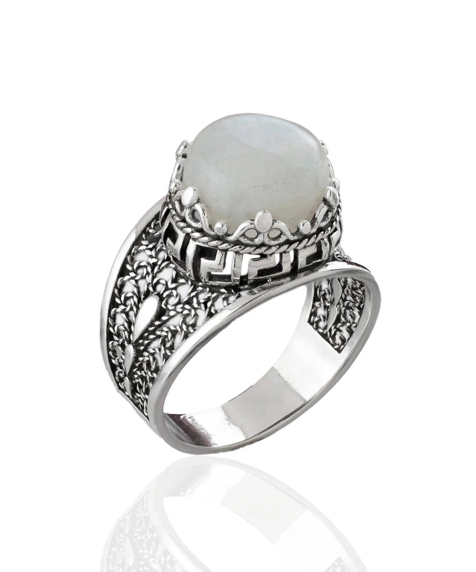 Meander Pattern Filigree Art Moonstone Gemstone Women Silver Cocktail Ring - Drakoi Marketplace