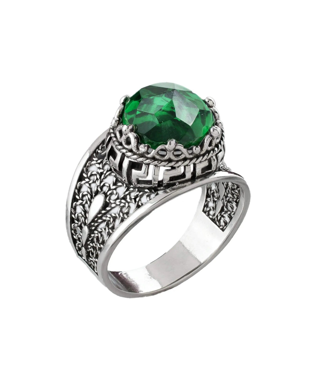 Meander Pattern Filigree Art Peridot Gemstone Women Silver Cocktail Ring - Drakoi Marketplace