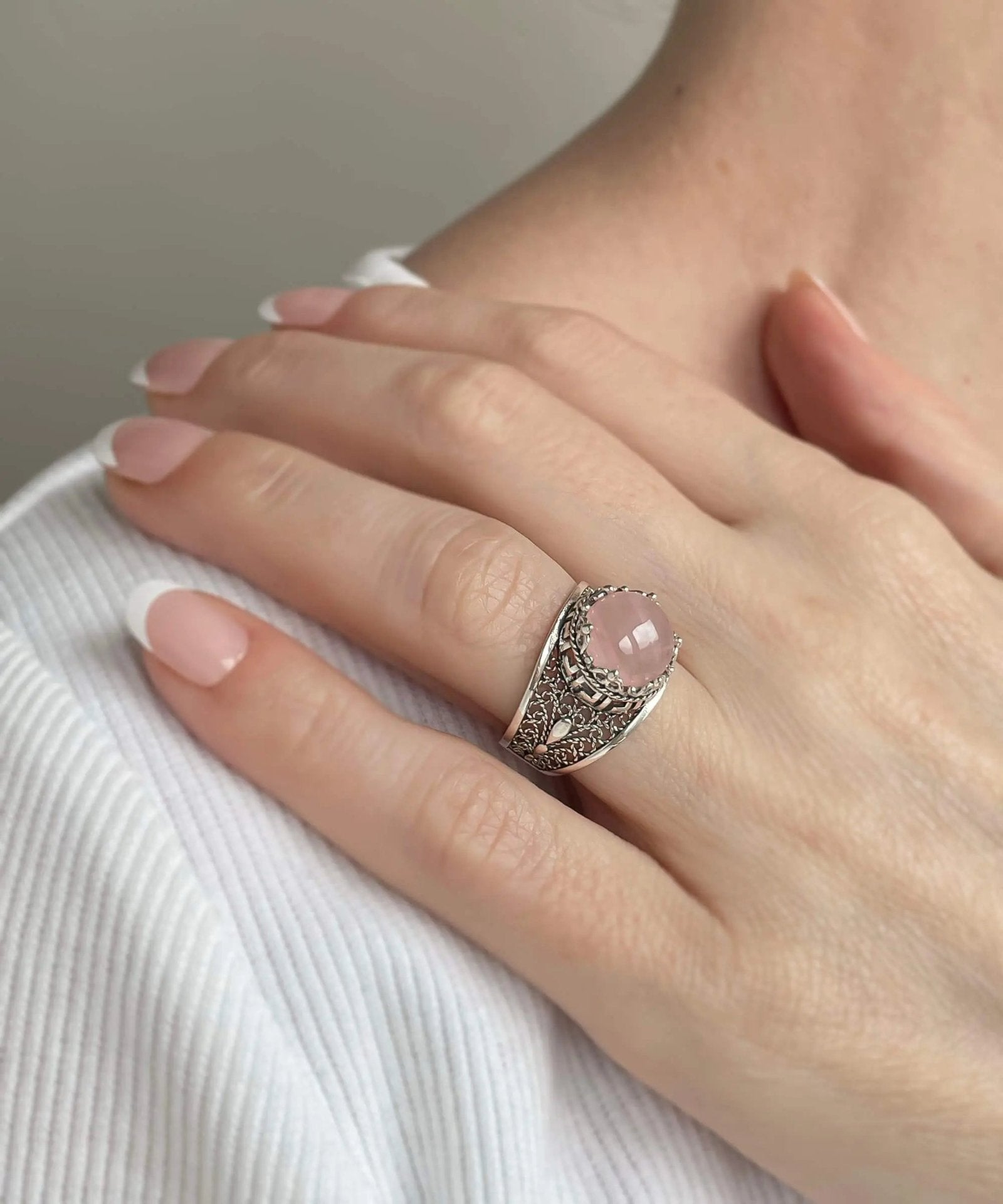 Meander Pattern Filigree Art Rose Quartz Gemstone Women Silver Cocktail Ring - Drakoi Marketplace