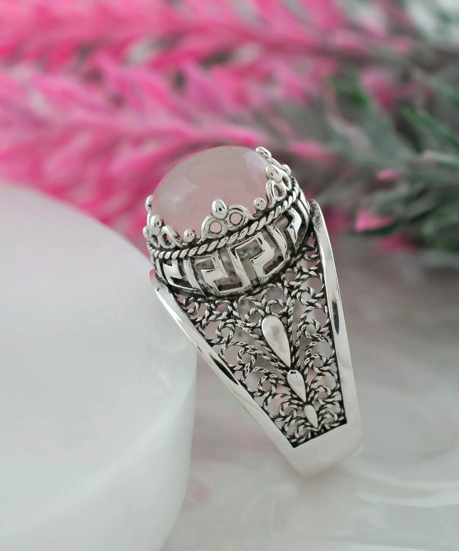 Meander Pattern Filigree Art Rose Quartz Gemstone Women Silver Cocktail Ring - Drakoi Marketplace