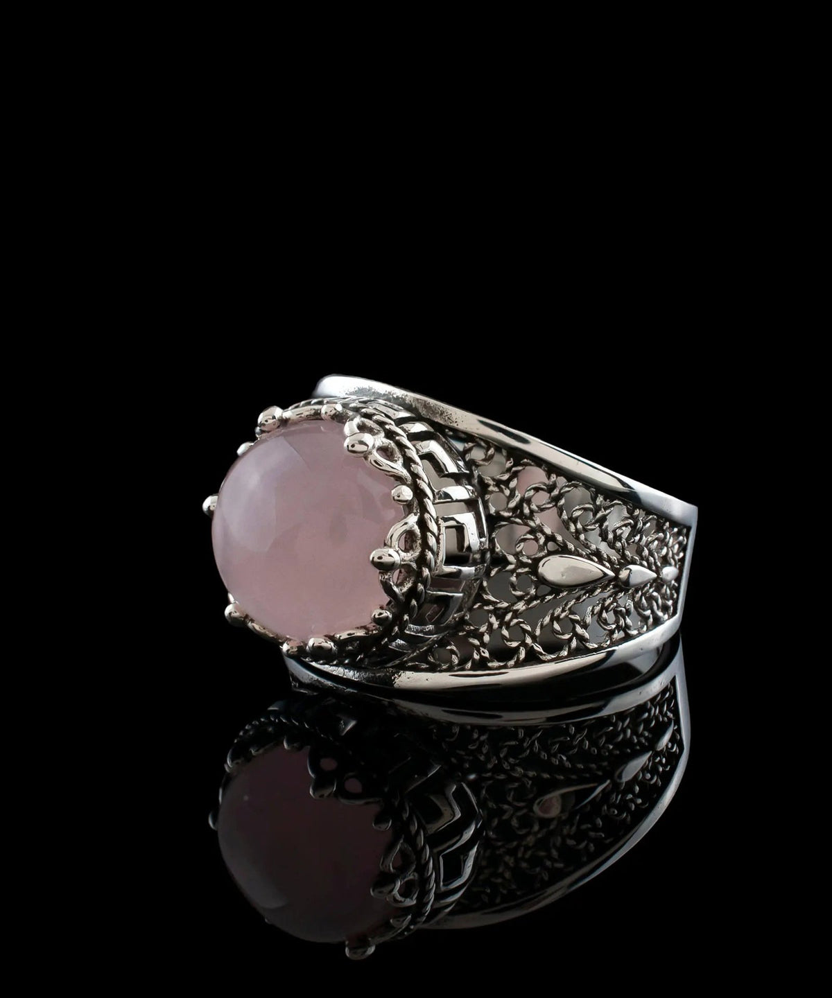 Meander Pattern Filigree Art Rose Quartz Gemstone Women Silver Cocktail Ring - Drakoi Marketplace