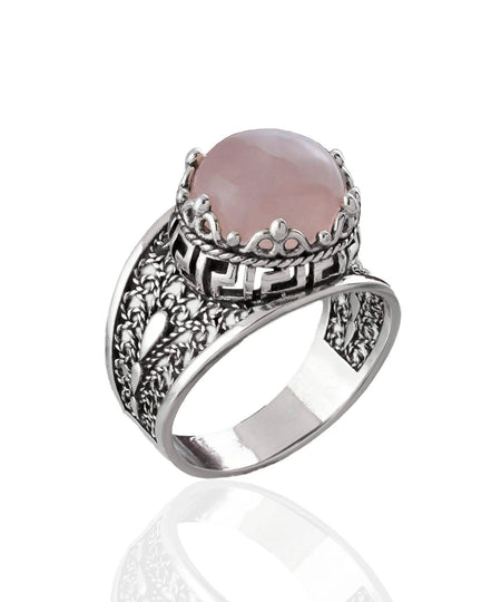 Meander Pattern Filigree Art Rose Quartz Gemstone Women Silver Cocktail Ring - Drakoi Marketplace