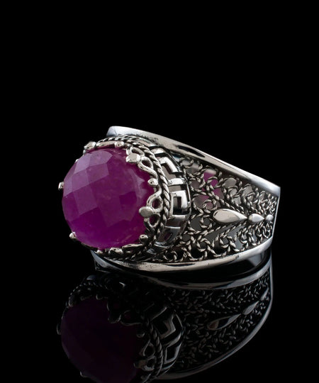 Meander Pattern Filigree Art Ruby Corundum Gemstone Women Silver Cocktail Ring - Drakoi Marketplace