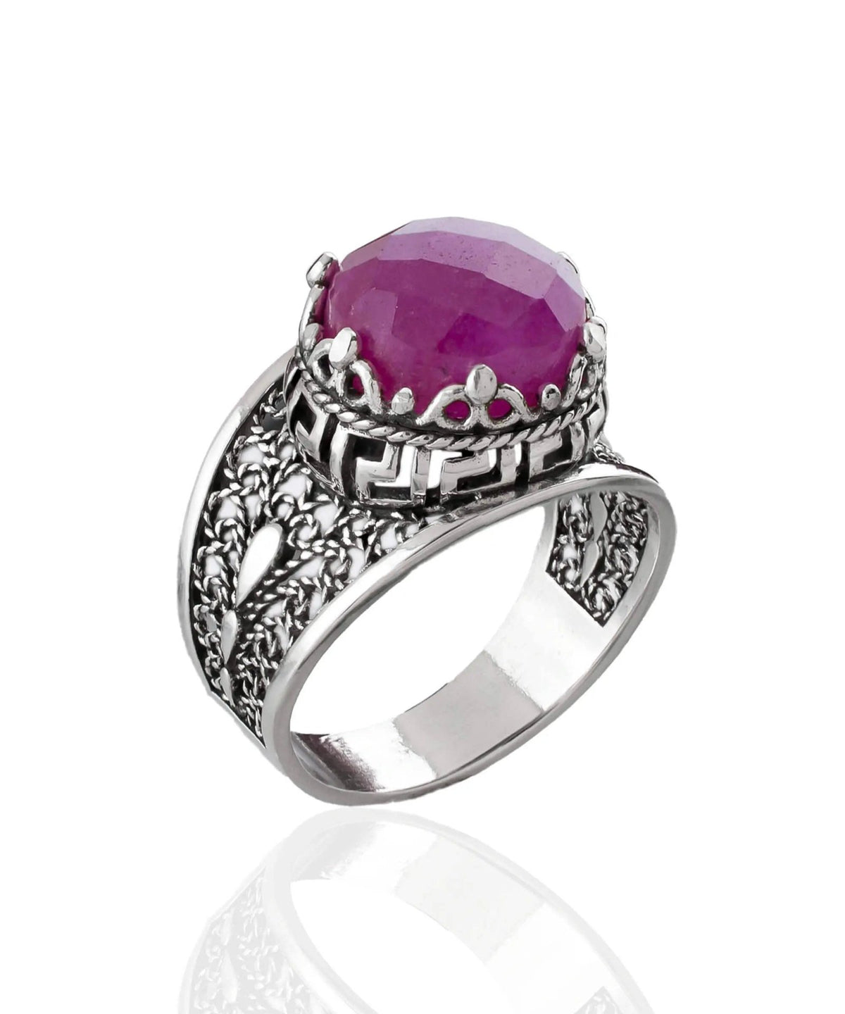 Meander Pattern Filigree Art Ruby Corundum Gemstone Women Silver Cocktail Ring - Drakoi Marketplace