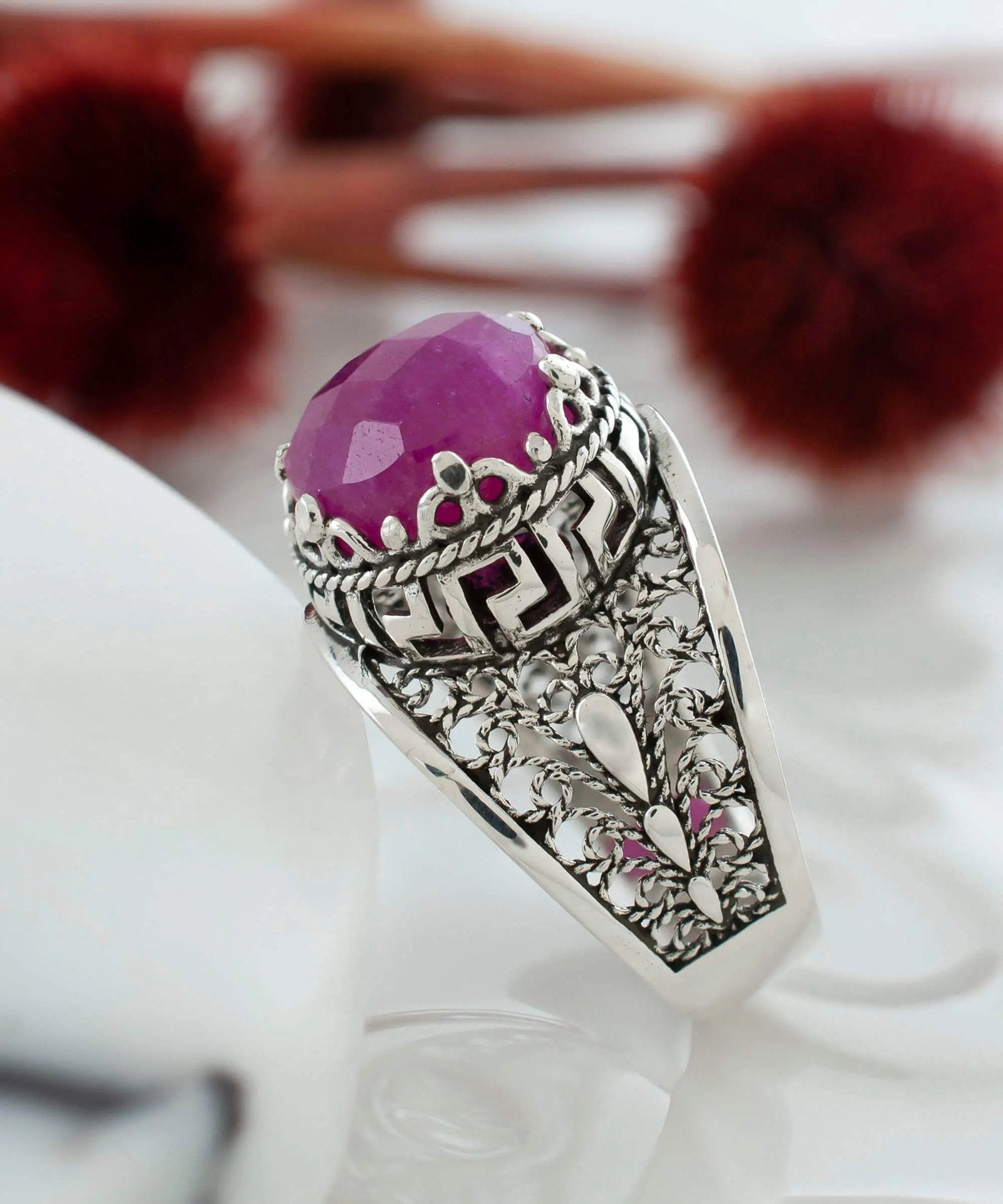 Meander Pattern Filigree Art Ruby Corundum Gemstone Women Silver Cocktail Ring - Drakoi Marketplace