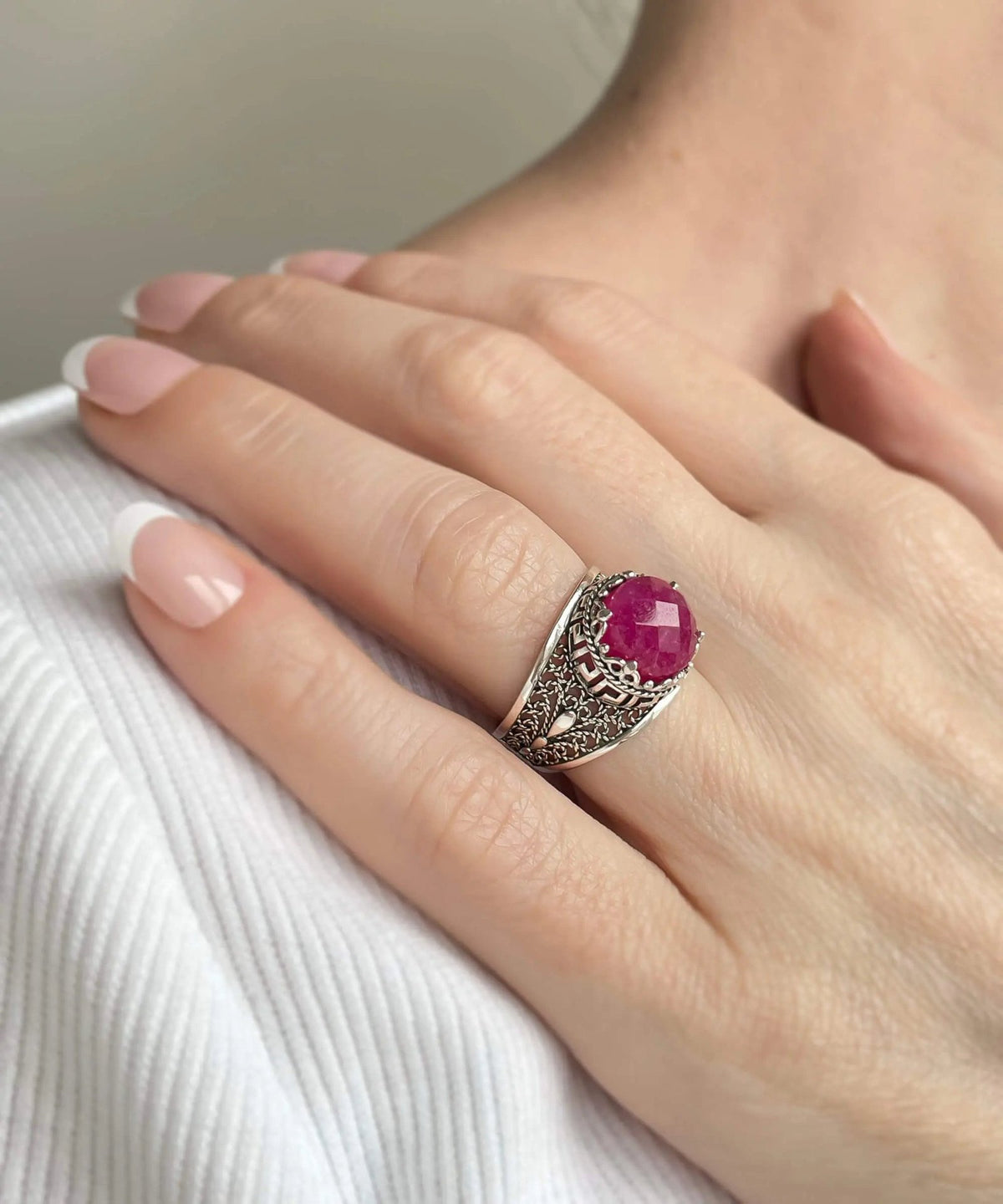 Meander Pattern Filigree Art Ruby Corundum Gemstone Women Silver Cocktail Ring - Drakoi Marketplace