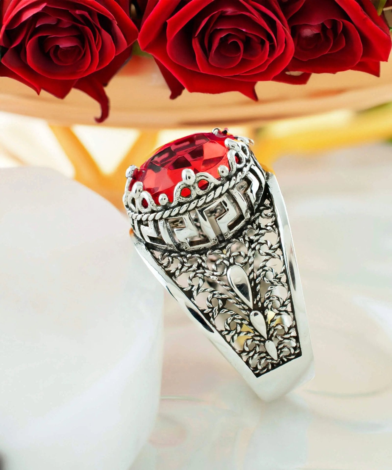 Meander Pattern Filigree Art Ruby Gemstone Woman Silver Cocktail Ring - Drakoi Marketplace