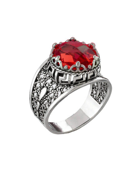 Meander Pattern Filigree Art Ruby Gemstone Woman Silver Cocktail Ring - Drakoi Marketplace