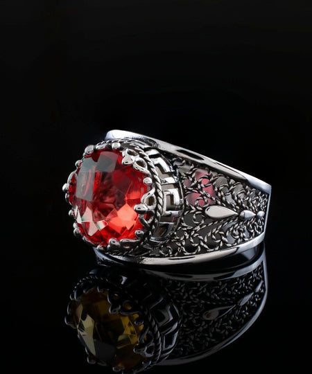 Meander Pattern Filigree Art Ruby Gemstone Woman Silver Cocktail Ring - Drakoi Marketplace